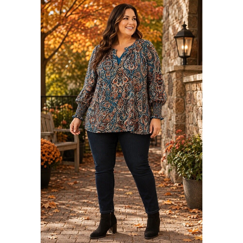 Philosophy Woman 2X Multicolor Paisley V-Neck Woven Smocked Puff Sleeve Blouse